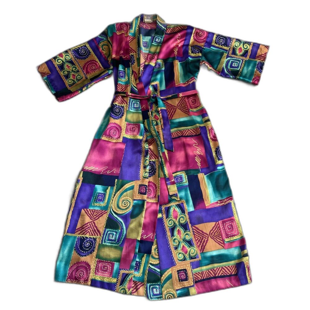 California Dynasty Robe Vintage Kimono Silky Satin Tie Front Front 80s 90s Retro